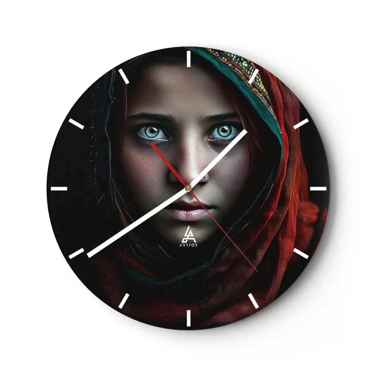 Wall clock - Clock on glass - Portrait of a girl in a red scarf with an intense look - 30x30cm - Eastern Princess - Modern wall decoration for the living room, kitchen, and bedroom ARTTOR