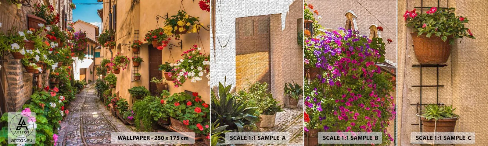 Photo Wallpaper Sample Premium Canvas - Italian Back Street - City, Flowers, Architecture - 100x30 cm
