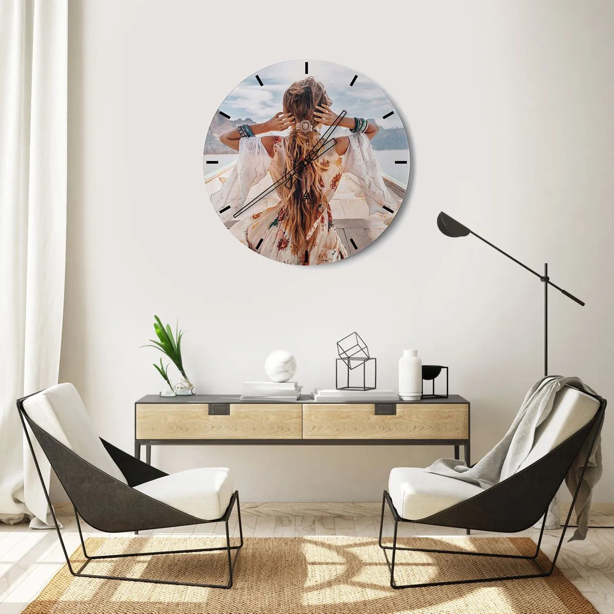 Wall clock - Clock on glass - Woman on a boat with loose hair in a boho style - 30x30cm - On the Way to Happiness - Modern wall decoration for the living room, kitchen, and bedroom ARTTOR