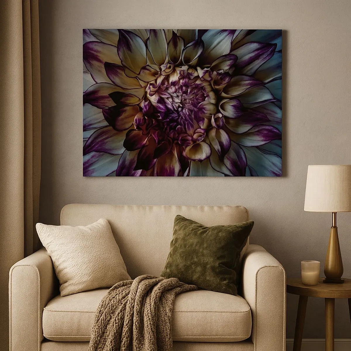Canvas picture - Close-up of a dahlia flower in dark tones - 70x50cm - The Blossoming of Youth - Modern wall decoration for the living room and bedroom ARTTOR
