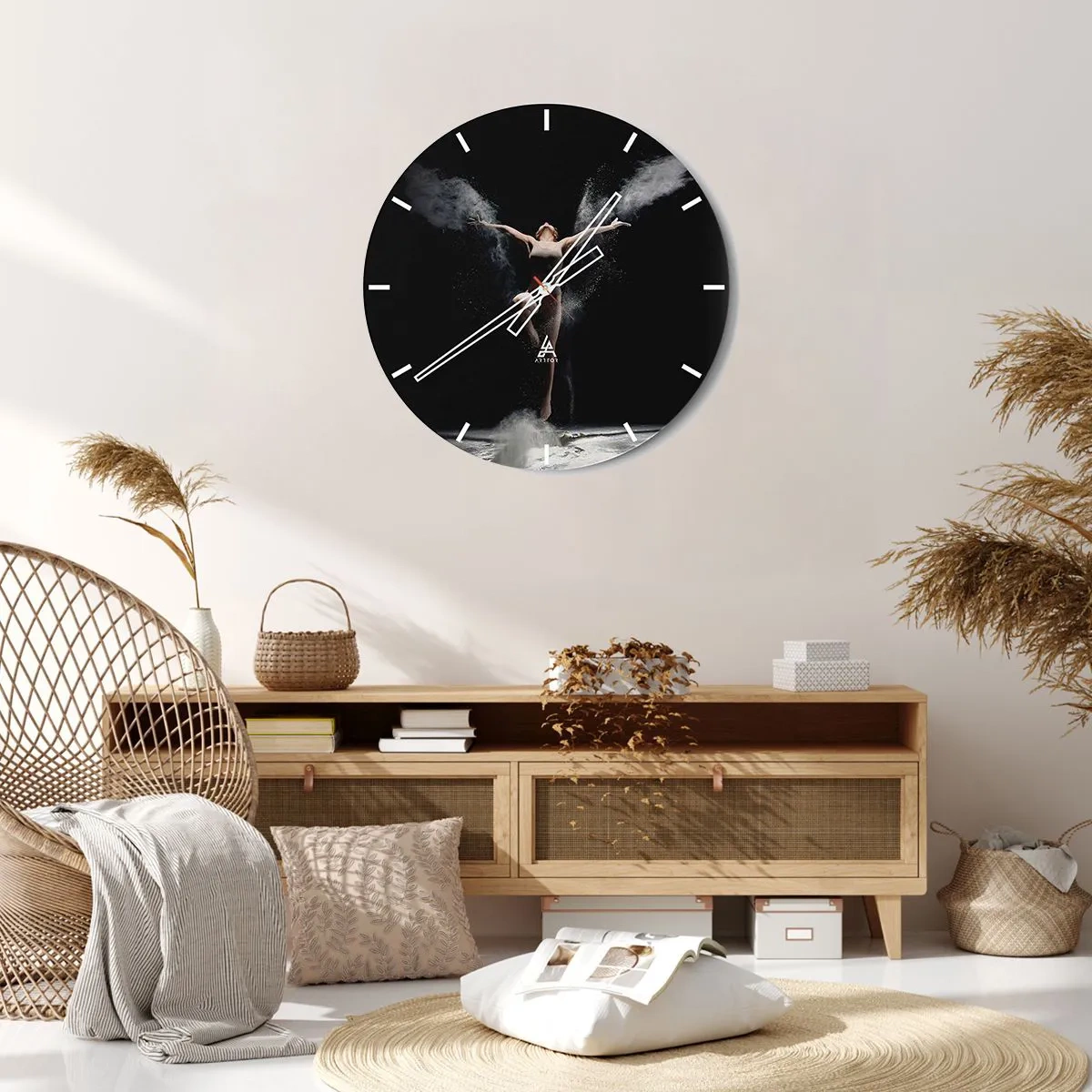 Wall clock - Clock on glass - A dancer in a dynamic pose surrounded by clouds of dust. - 30x30cm - Elves Exist - Modern wall decoration for the living room, kitchen, and bedroom ARTTOR