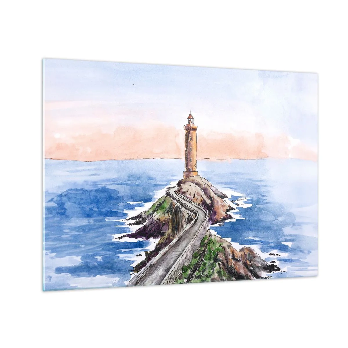 Glass picture - A lighthouse on a rocky promontory surrounded by a calm sea - 70x50cm - In the Direction of the Sea - Modern wall decoration for the living room and bedroom ARTTOR