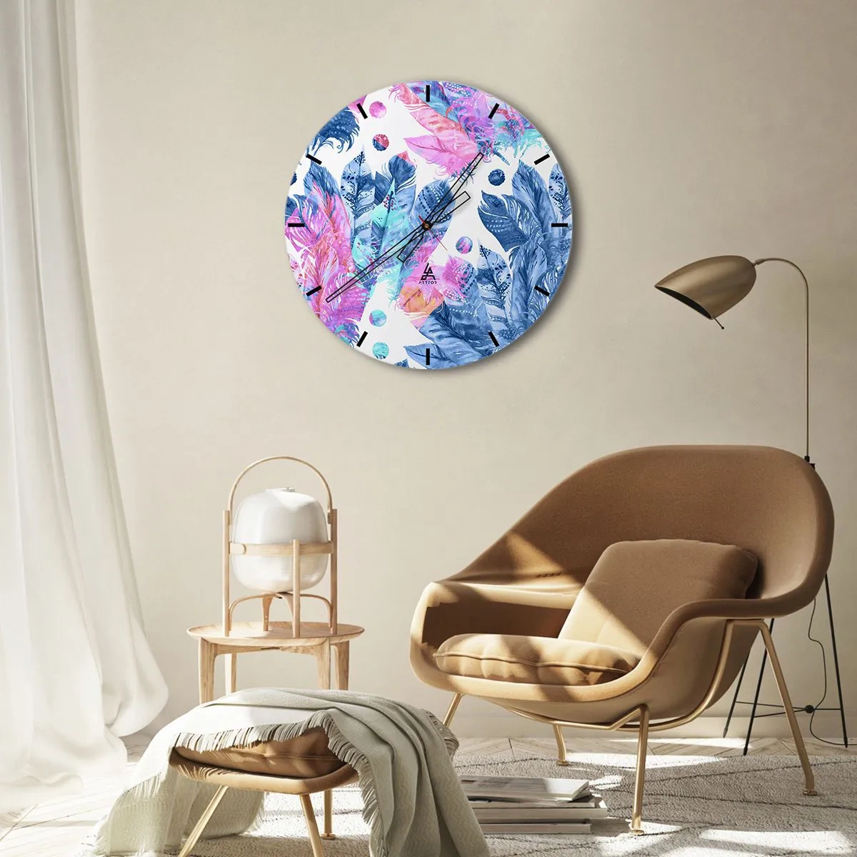 Wall clock - Clock on glass - Pink and Blue Plumes - 40x40 cm