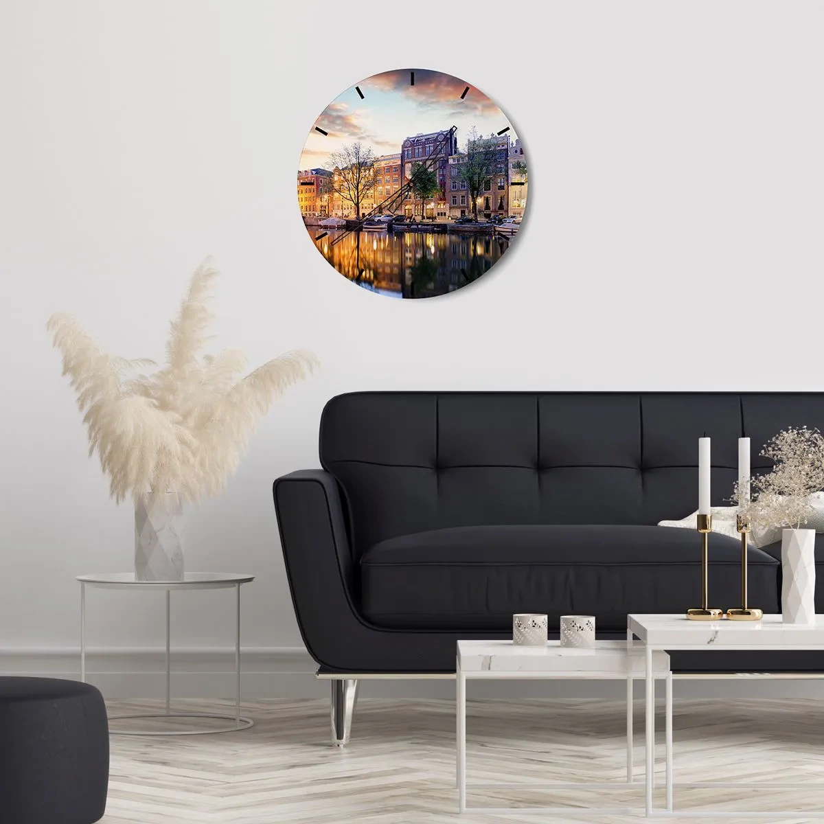 Wall clock - Clock on glass - A picturesque view of the tenement houses and the canal at sunset - 30x30cm - Reserved and Calm Dutch Beaty - Modern wall decoration for the living room, kitchen, and bedroom ARTTOR