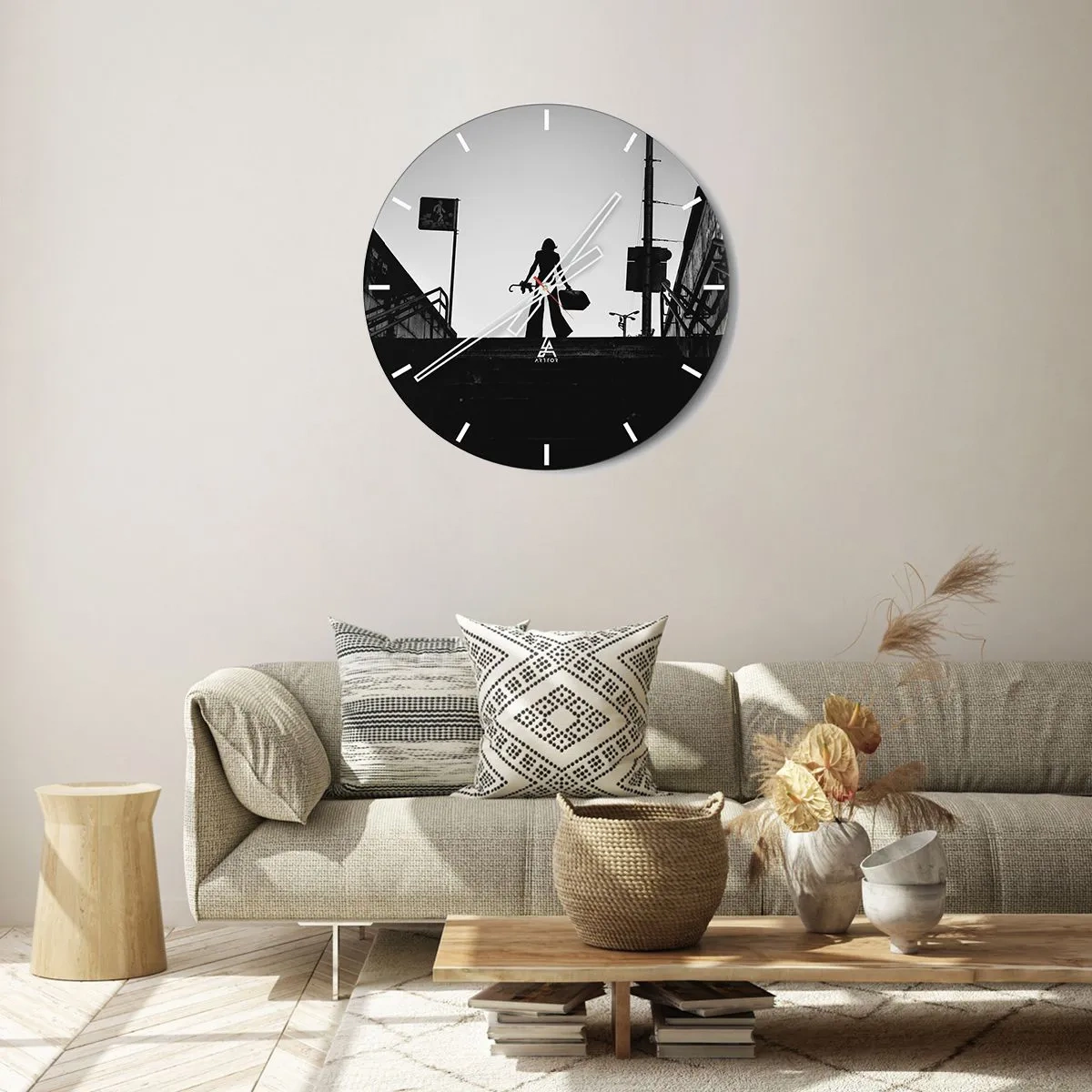 Wall clock - Clock on glass - Silhouette of a woman on the stairs in a contrasting black and white shot - 30x30cm - City Wander - Modern wall decoration for the living room, kitchen, and bedroom ARTTOR