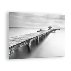 Glass picture - Wooden pier in black and white overlooking the lake - 70x50cm - Into the Distance - Modern wall decoration for the living room and bedroom ARTTOR