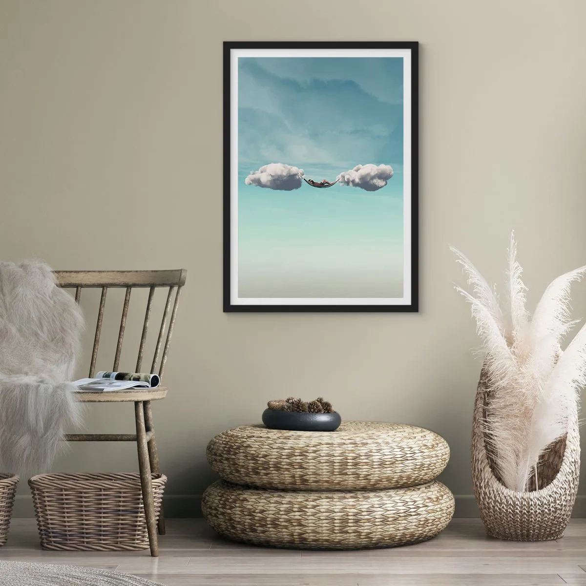 Poster in black frame - A hammock suspended between two clouds against the sky - 50x70cm - Blissful Moment - Modern wall decoration for the living room and bedroom ARTTOR
