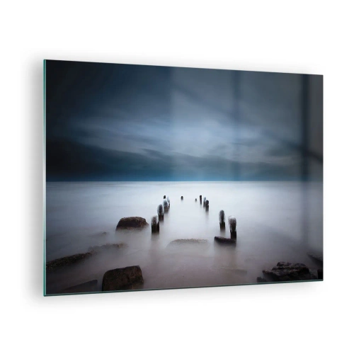 Glass picture - Atmospheric seaside scenery with wooden pilings - 70x50cm - Pensive Lake - Modern wall decoration for the living room and bedroom ARTTOR
