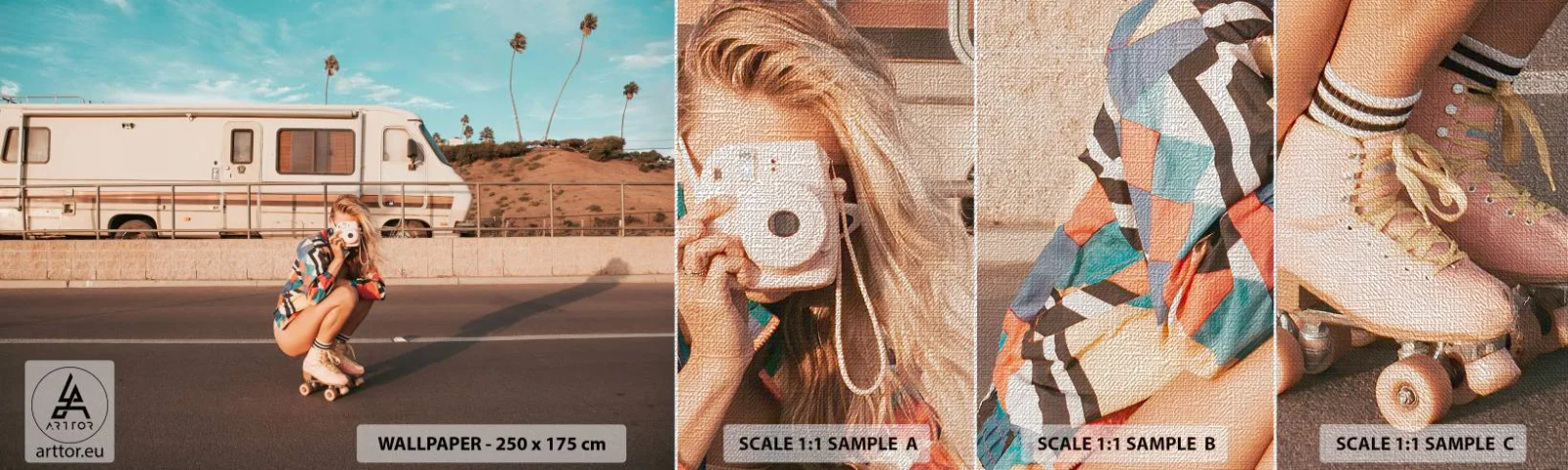 Photo Wallpaper Sample Premium Canvas - Smile, Please! - Landscape, Camper, Woman - 100x30 cm