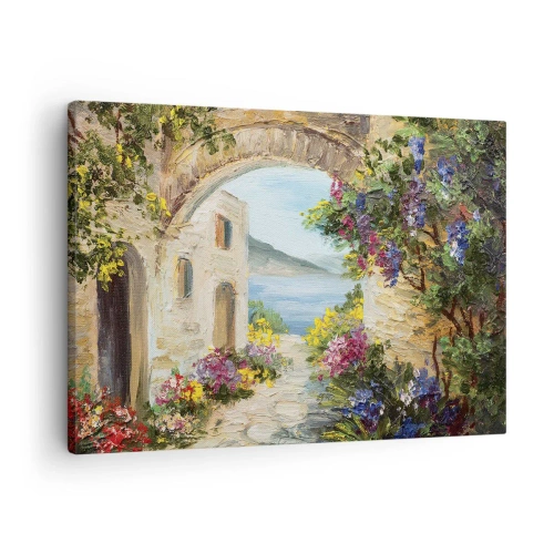 Canvas picture - Seaside landscape with stone buildings and flowers - 70x50cm - Charm of a Sea Province - Modern wall decoration for the living room and bedroom ARTTOR