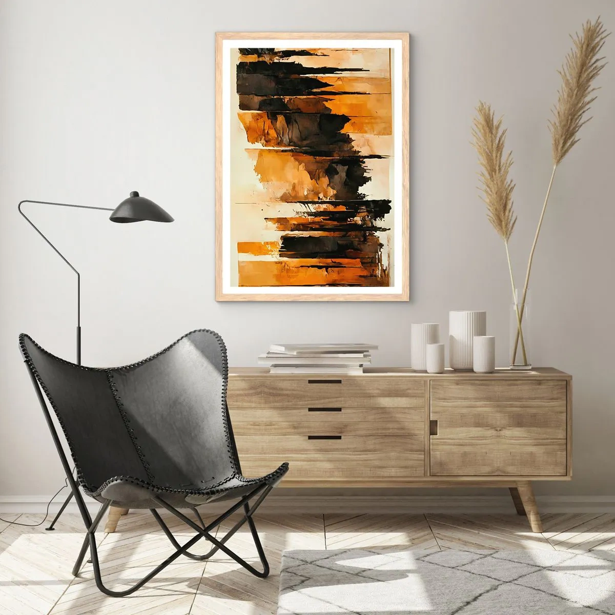 Poster in light oak frame - Harmony of Black and Gold - 50x70 cm
