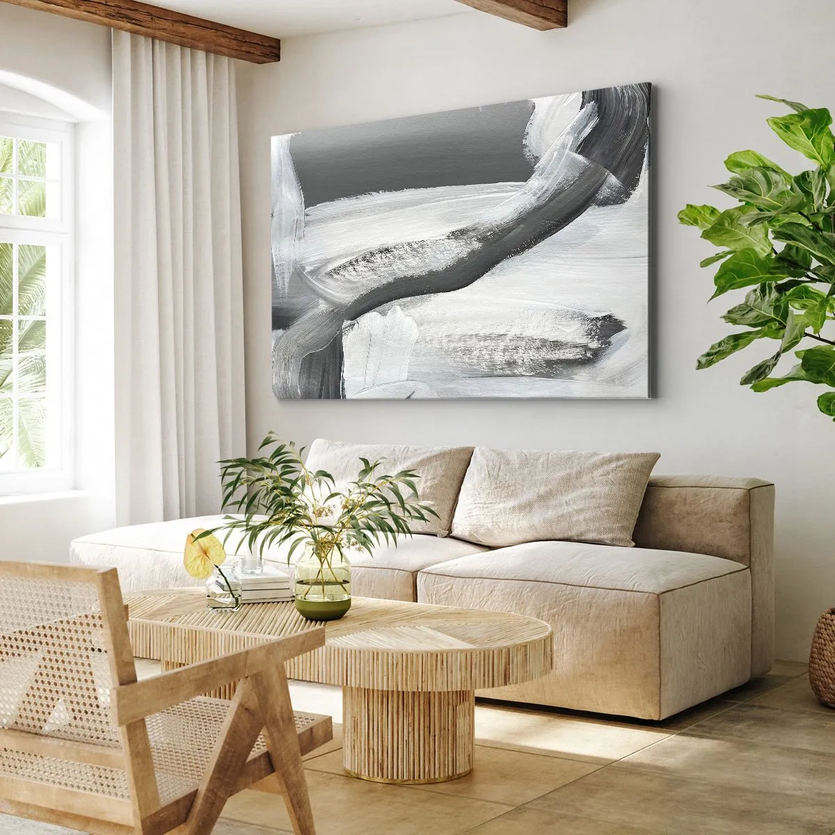 Canvas picture - Gray and white abstraction with dynamic lines - 70x50cm - With a Decisive Move - Modern wall decoration for the living room and bedroom ARTTOR