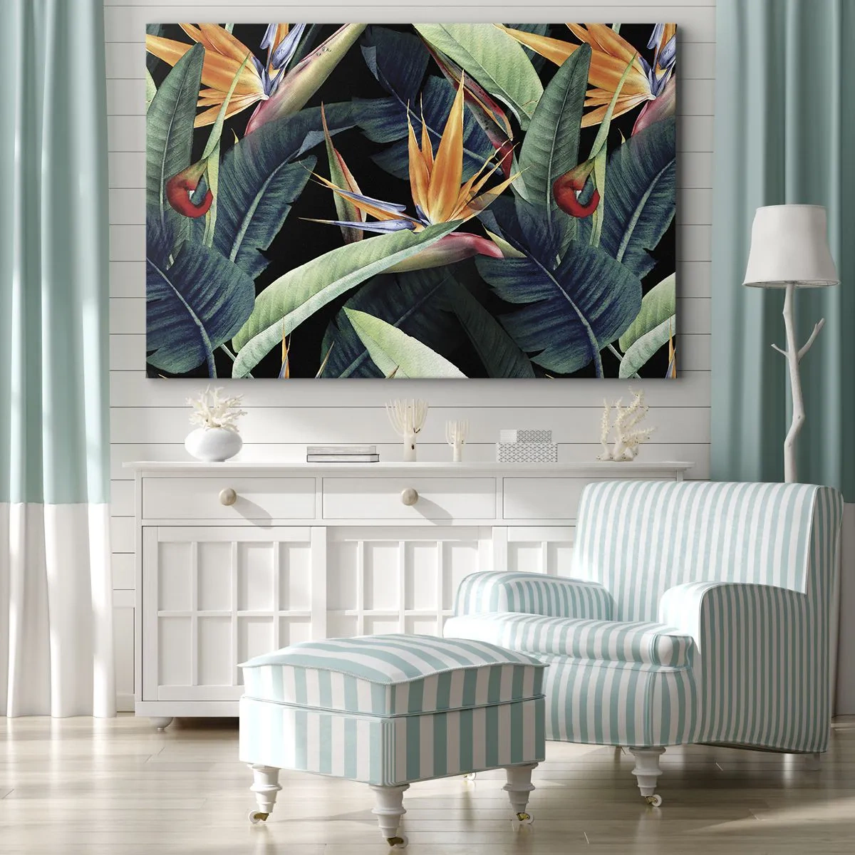 Canvas picture - Tropical flowers and leaves on a black background - 70x50cm - Flaming Flowers of the Tropics - Modern wall decoration for the living room and bedroom ARTTOR