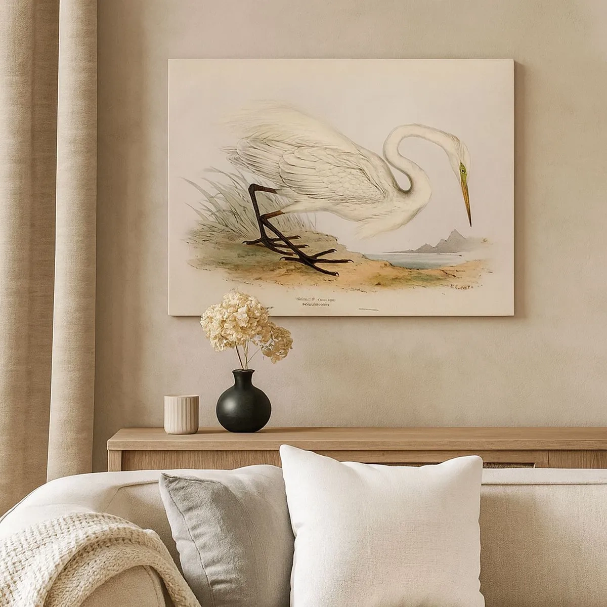 Canvas picture - Drawing of a white heron against a natural landscape background - 70x50cm - Lady on the Marsh - Modern wall decoration for the living room and bedroom ARTTOR