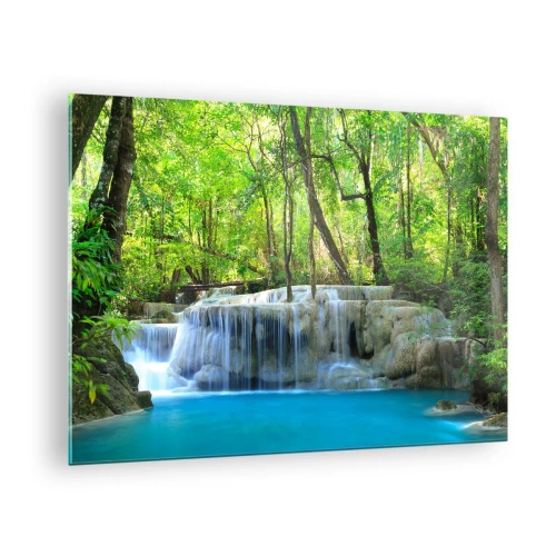 Glass picture - A waterfall surrounded by green trees and blue water - 70x50cm - Drowning in Turquoise and Green - Modern wall decoration for the living room and bedroom ARTTOR