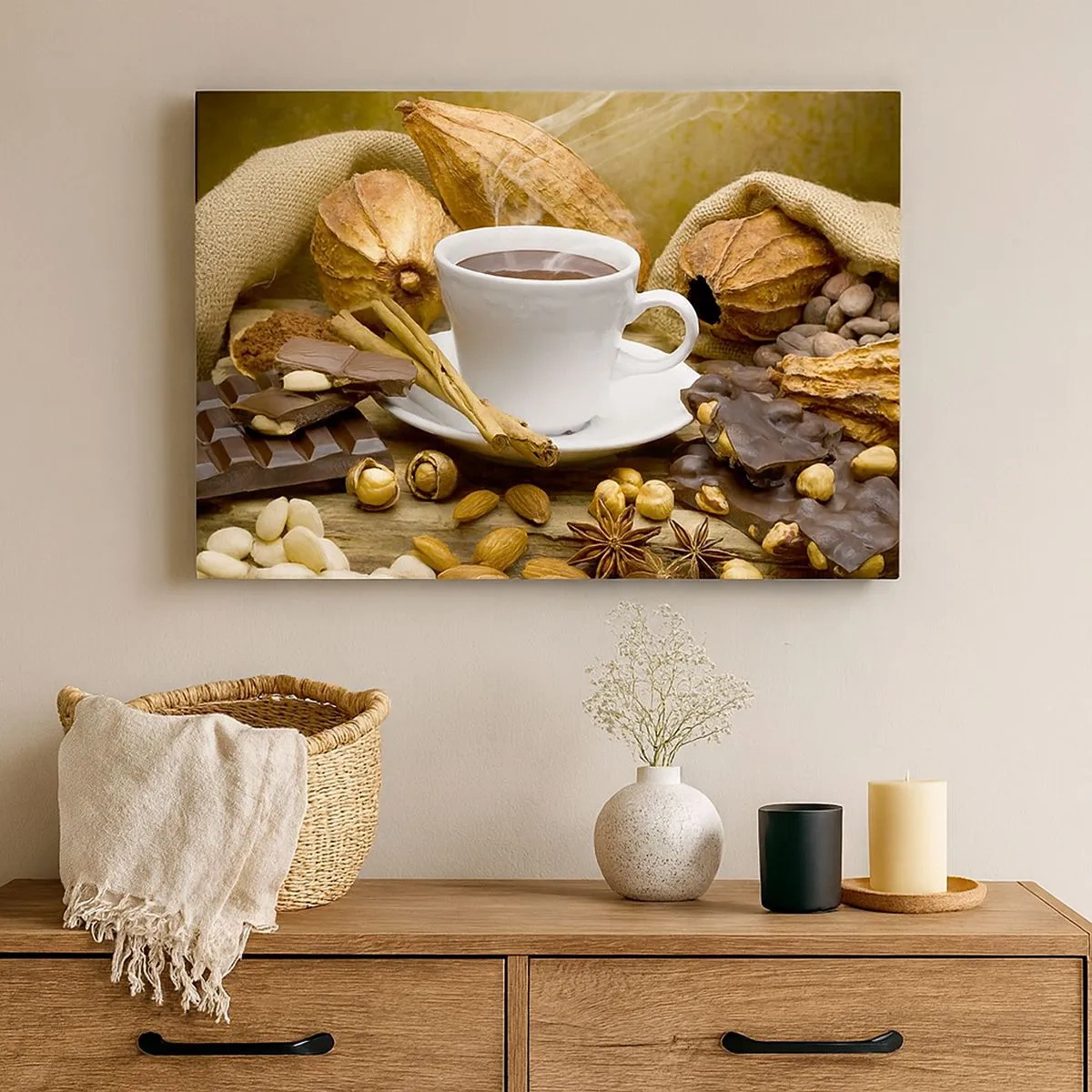 Canvas picture - A cup of hot chocolate surrounded by cocoa and cinnamon - 70x50cm - For Adventure Hunters - Modern wall decoration for the living room and bedroom ARTTOR