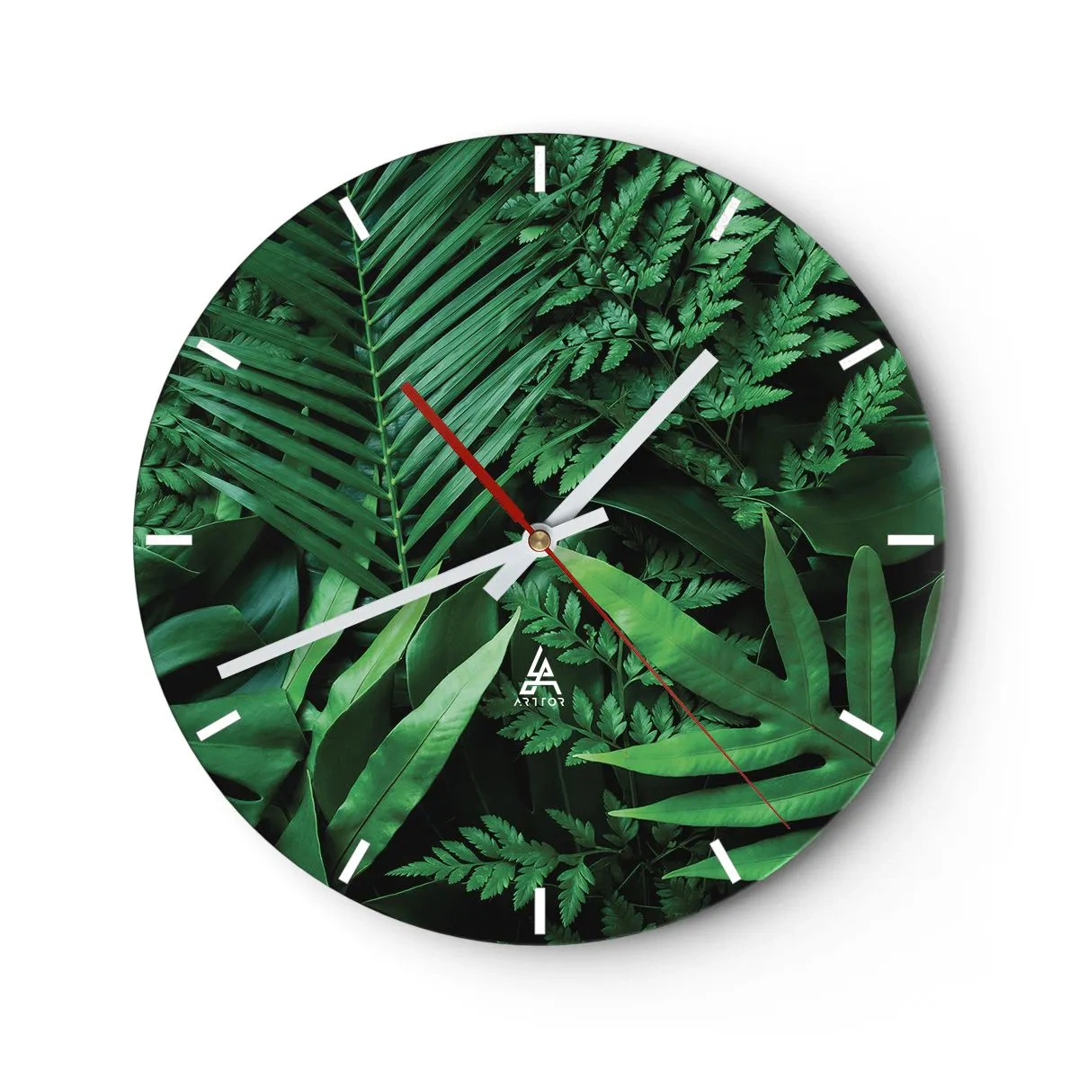 Wall clock - Clock on glass - Tropical green leaves create a dense, natural composition - 30x30cm - In a Green Hug - Modern wall decoration for the living room, kitchen, and bedroom ARTTOR