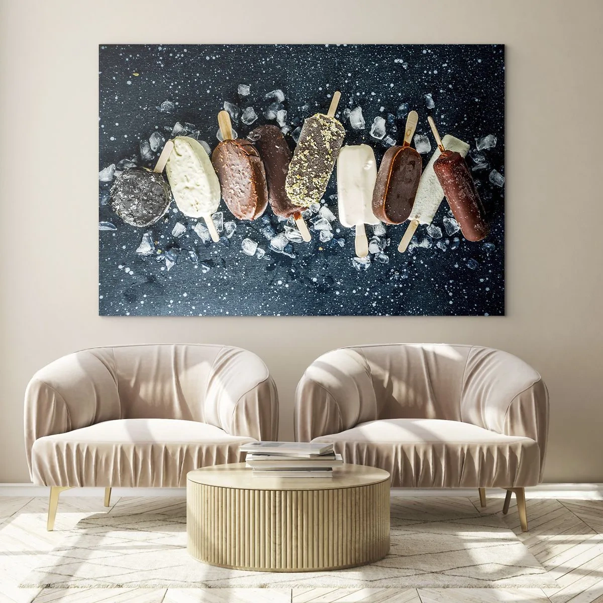 Glass picture - Popsicles in various flavors arranged on ice cubes - 70x50cm - Taste of the Hot Summer - Modern wall decoration for the living room and bedroom ARTTOR