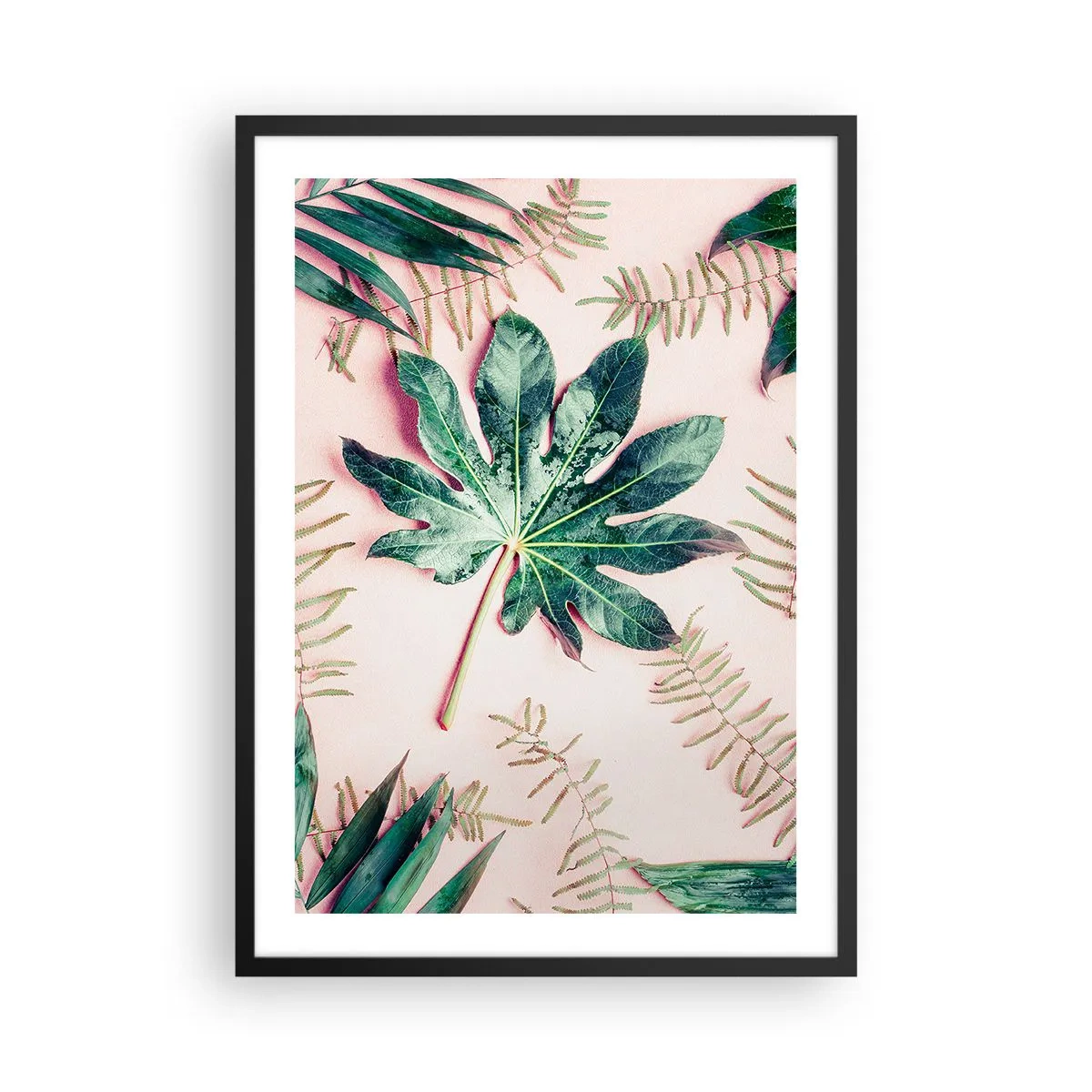 Poster in black frame - Leaves in various shades of green on a pink background - 50x70cm - Study in Green on Pink Background - Modern wall decoration for the living room and bedroom ARTTOR