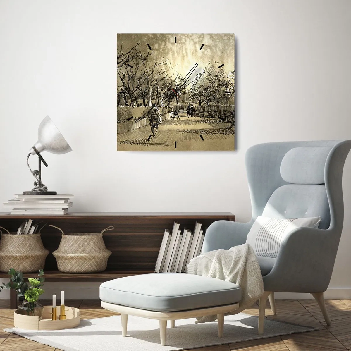 Wall clock - Clock on glass - Moment Stopped with a Feather - 30x30 cm