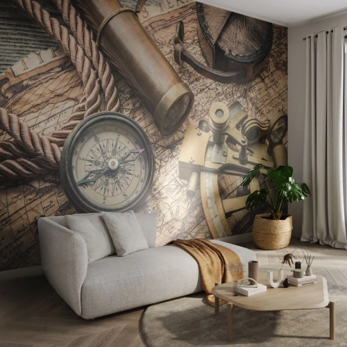 Photo Wallpaper Standard Eco - Show the Way - Nautical, World map, Compass - 350x256 cm