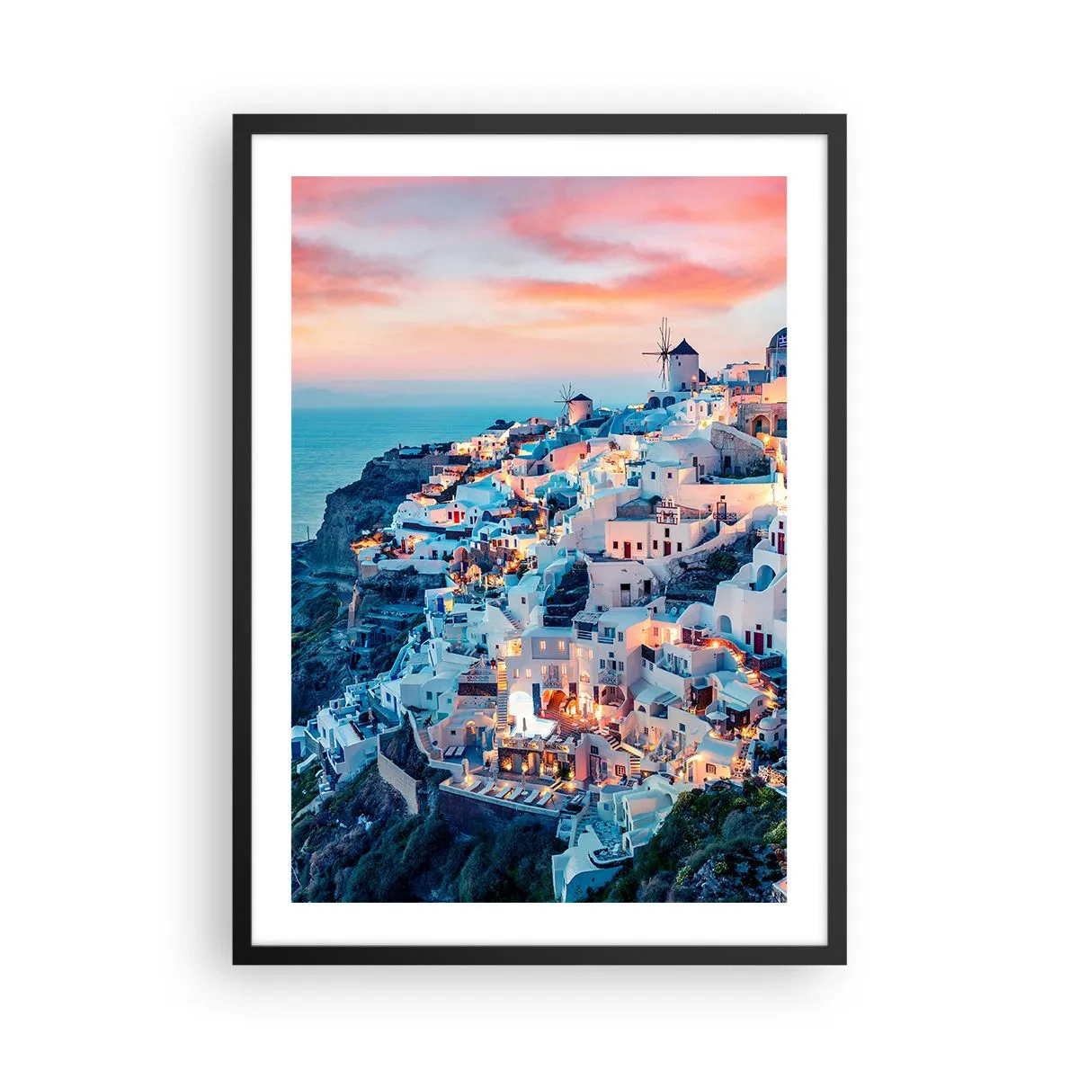 Poster in black frame - Picturesque view of the illuminated houses in Santorini at sunset - 50x70cm - Your Big Greek Holidays - Modern wall decoration for the living room and bedroom ARTTOR