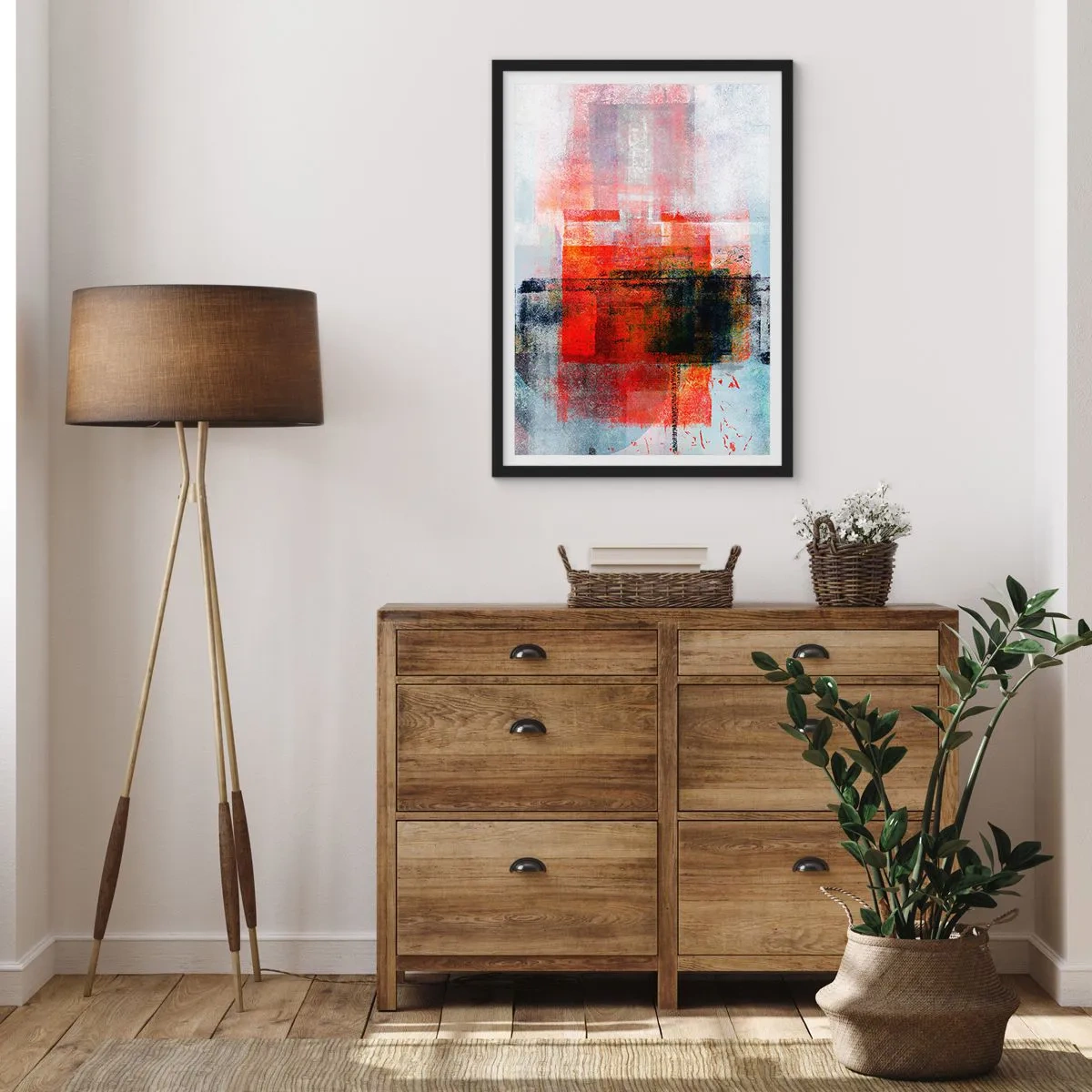 Poster in black frame - Geometric abstraction in intense shades of red - 50x70cm - Glowing Composition - Modern wall decoration for the living room and bedroom ARTTOR