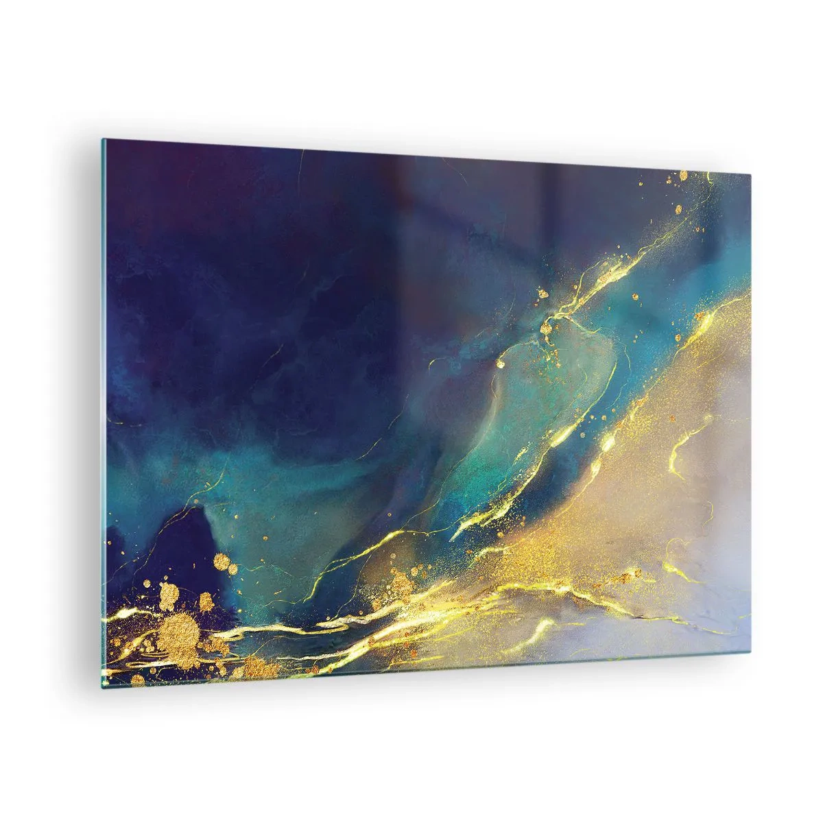 Glass picture - An abstract composition in shades of navy blue, turquoise and gold - 70x50cm - Golden Flood - Modern wall decoration for the living room and bedroom ARTTOR