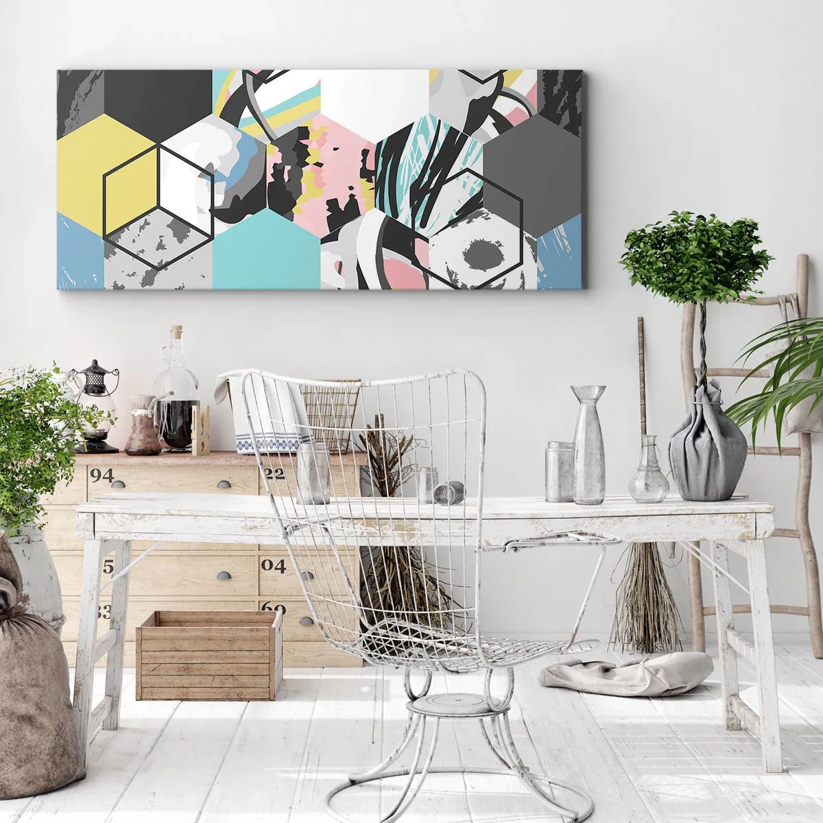 Canvas picture - Hexagons and Cubes in Six Colours - 100x40 cm