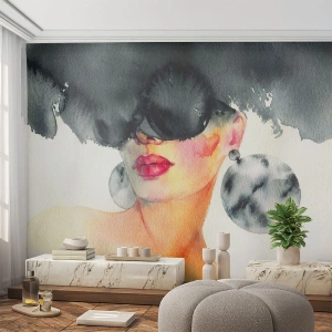 Photo Wallpaper Premium Canvas - Secret of Elegance - Woman's Face, Woman, Hat - 300x210 cm