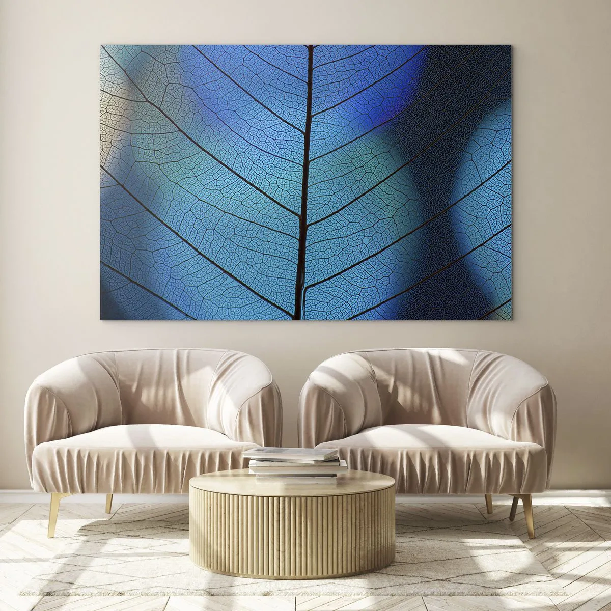 Glass picture - A close-up of a blue leaf showing the vein structure. - 70x50cm - Intricate Construction - Modern wall decoration for the living room and bedroom ARTTOR