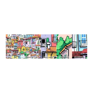 Photo Wallpaper Sample Self-Adhesive Deluxe Sticker - Merry City - City, Tenement houses, Houses - 100x30 cm