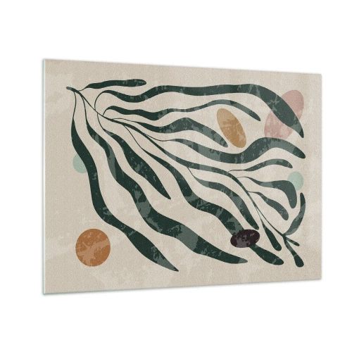 Glass picture - Organic shapes in green on a beige background - 70x50cm - Among the Green - Modern wall decoration for the living room and bedroom ARTTOR