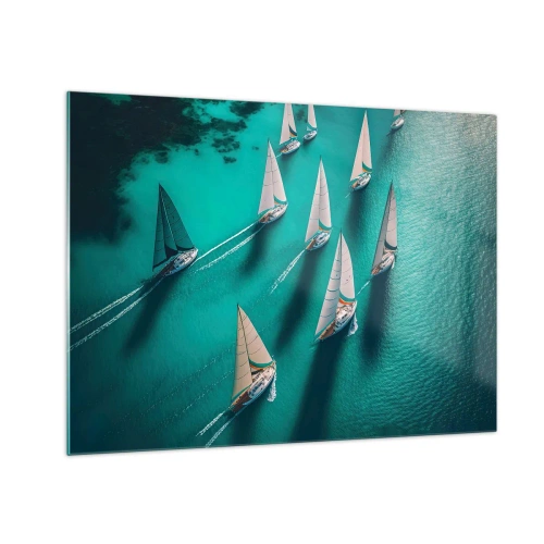 Glass picture - Sailboats on turquoise water captured from a bird's eye view - 70x50cm - Competing with the Wind - Modern wall decoration for the living room and bedroom ARTTOR