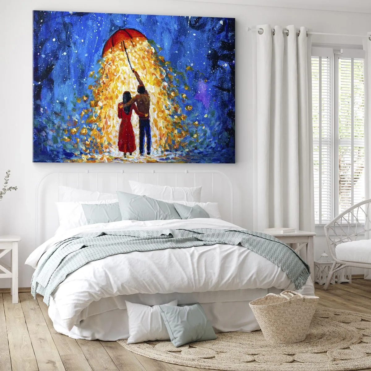 Canvas picture - A couple under a red umbrella in the luminous rain - 70x50cm - Magic of a Rainy Evening? - Modern wall decoration for the living room and bedroom ARTTOR