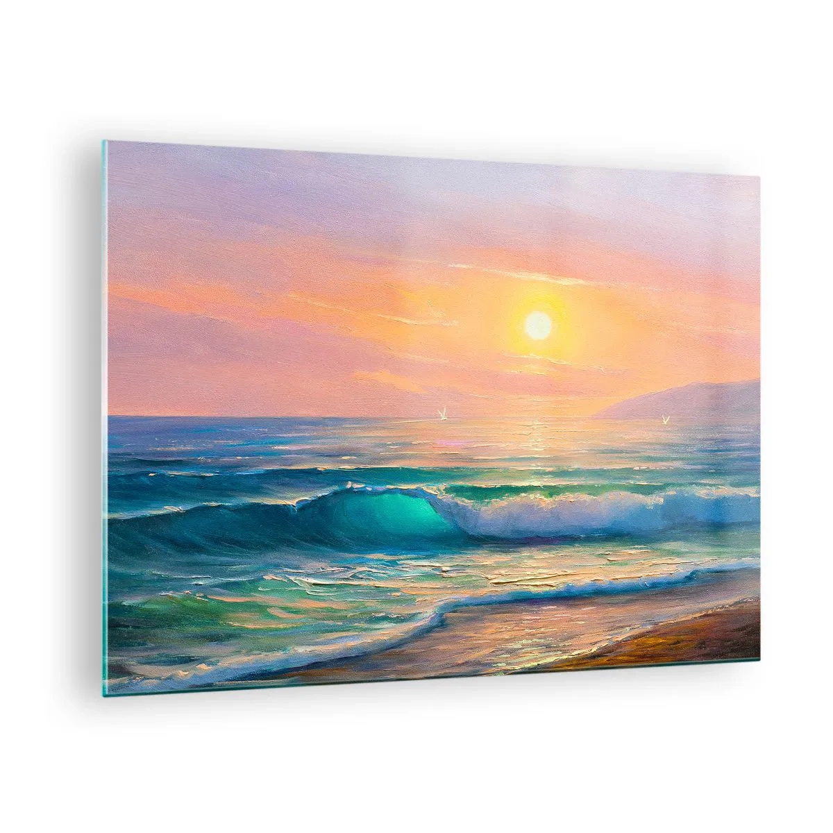 Glass picture - Seascape with waves and a sunset in turquoise shades - 70x50cm - Turquoise Song of the Waves - Modern wall decoration for the living room and bedroom ARTTOR