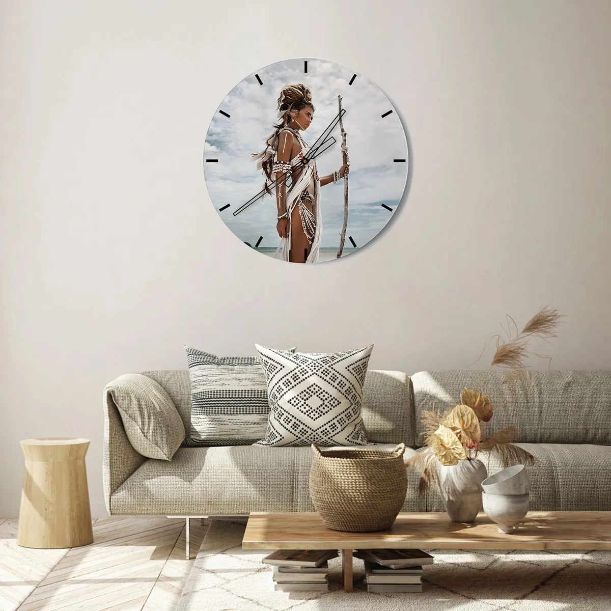 Wall clock - Clock on glass - Portrait of a woman with ethnic decorations against the sky - 30x30cm - Queen of the Tropics - Modern wall decoration for the living room, kitchen, and bedroom ARTTOR