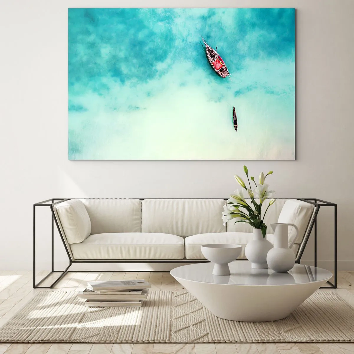 Glass picture - Boats on azure water in a peaceful setting - 70x50cm - On the Beaches of Zanzibar, When the Tide Is High - Modern wall decoration for the living room and bedroom ARTTOR