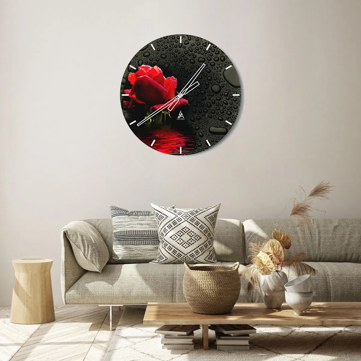 Wall clock - Clock on glass - Red rose with water drops on a black background - 30x30cm - Red and Black - Modern wall decoration for the living room, kitchen, and bedroom ARTTOR