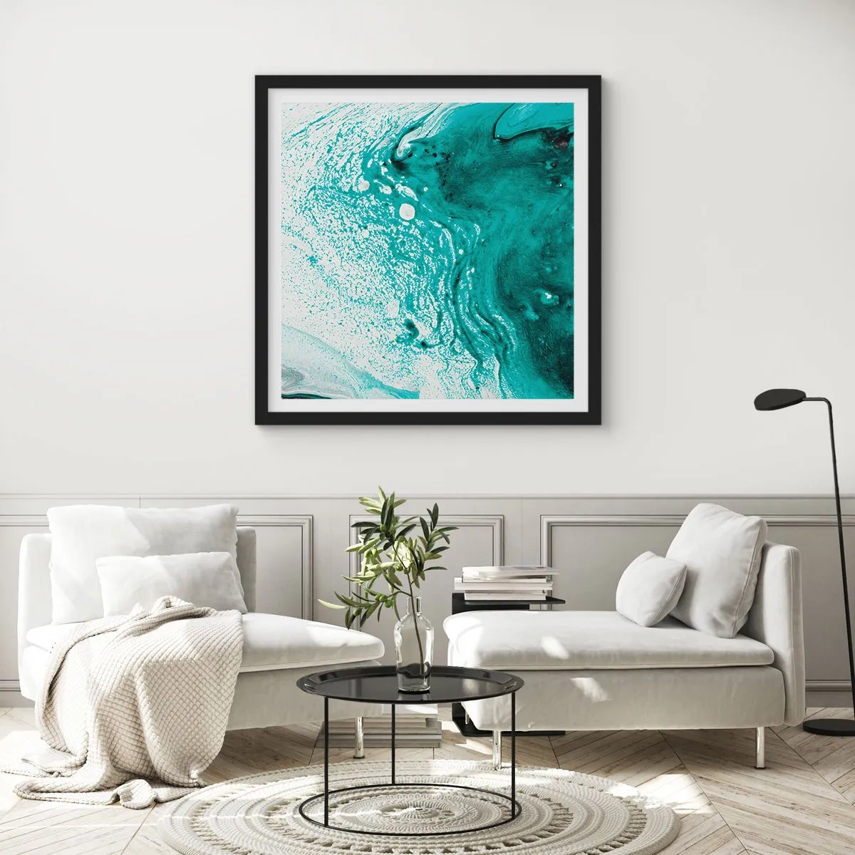 Poster in black frame - Dissolving in White and Turquoise - 60x60 cm