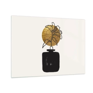 Glass picture - Minimalist graphic with a flower in a gold circle and a black vase - 70x50cm - Beauty Precious as Gold - Modern wall decoration for the living room and bedroom ARTTOR