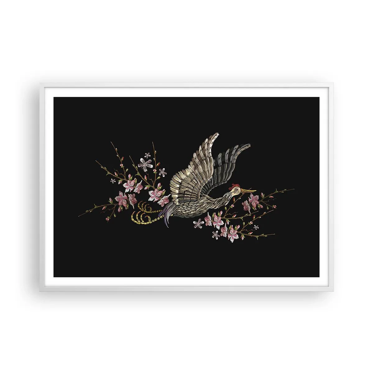 Poster in white frmae - Exotic, Embroidered Bird - 100x70 cm