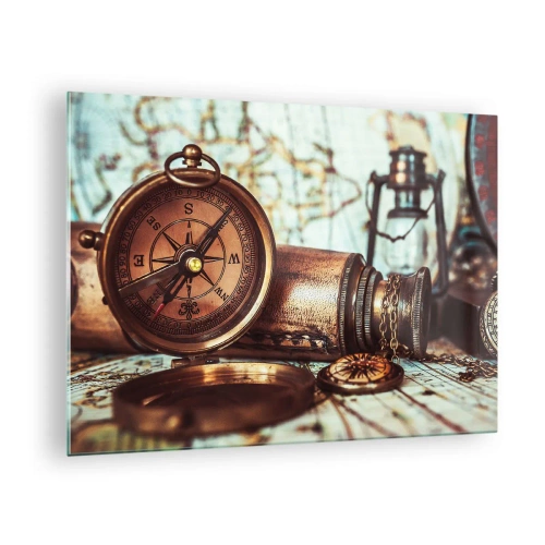 Glass picture - An antique compass and map set against the backdrop of pirate adventures - 70x50cm - Pirate Adventure in the Caribbean - Modern wall decoration for the living room and bedroom ARTTOR