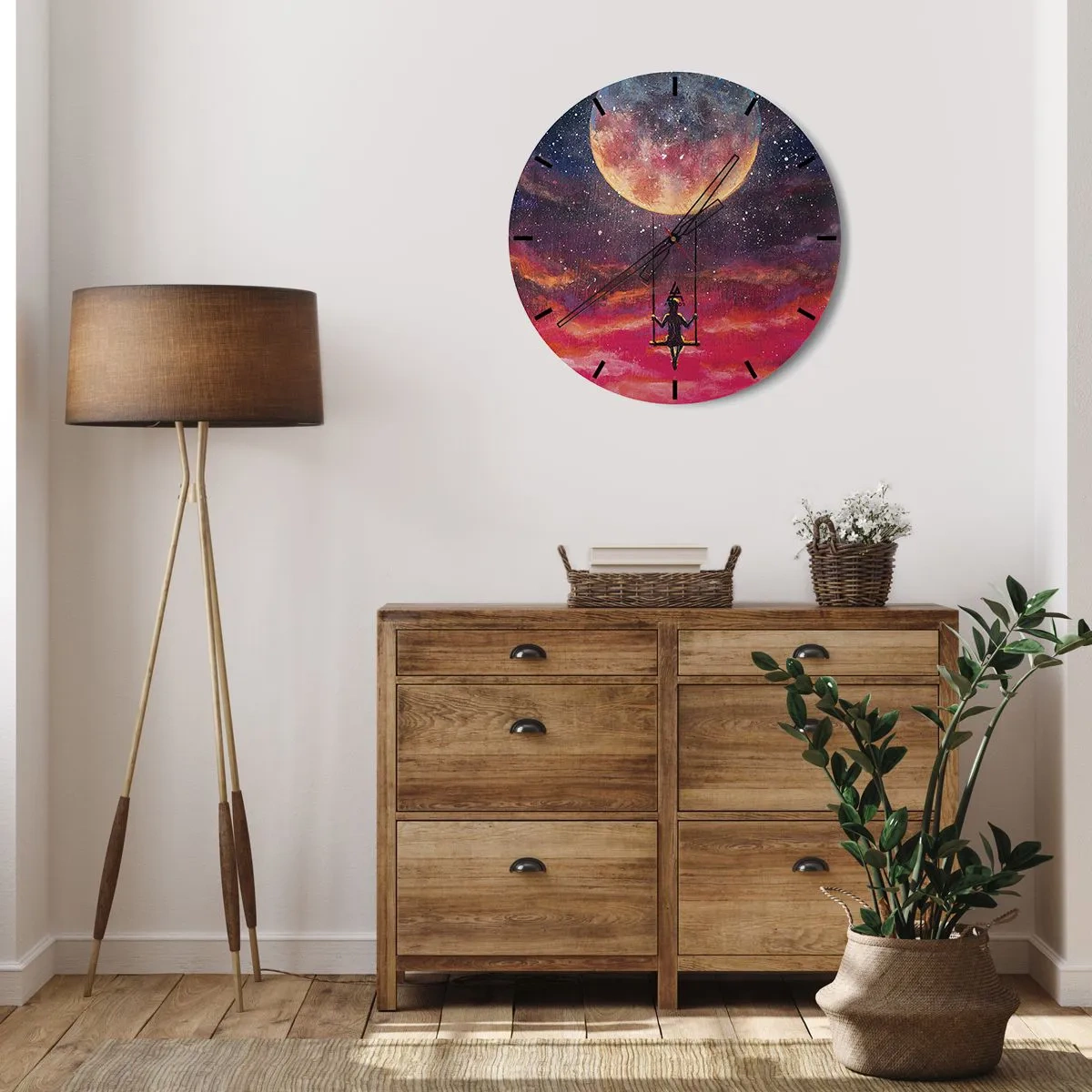 Wall clock - Clock on glass - A girl on a swing suspended under the moon - 30x30cm - Swinging in the Clouds - Modern wall decoration for the living room, kitchen, and bedroom ARTTOR