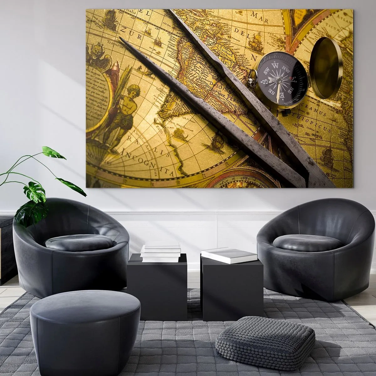 Glass picture - Old map with compass and compass - 70x50cm - With a Compass through the Seas - Modern wall decoration for the living room and bedroom ARTTOR