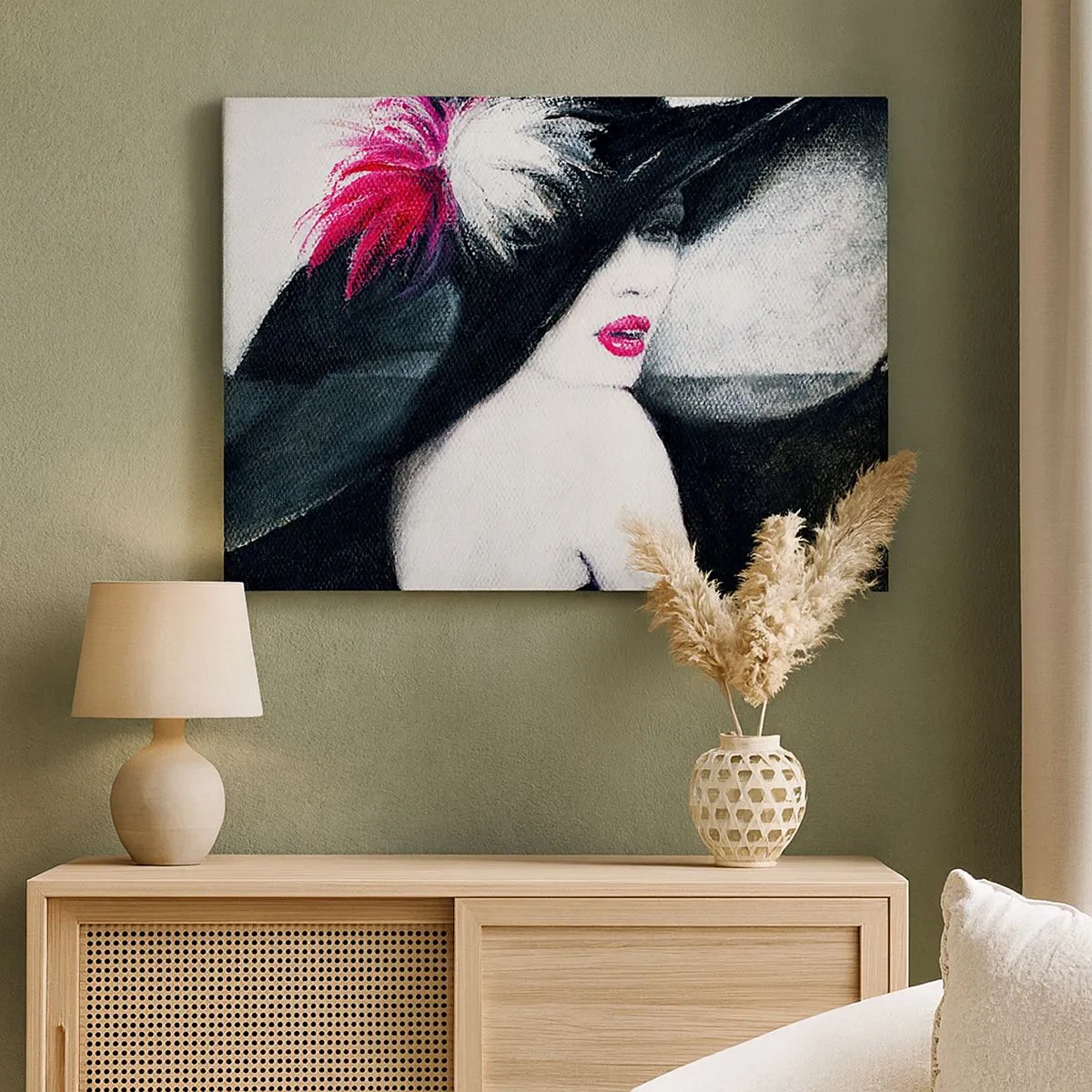 Canvas picture - Stylish woman in a feathered hat - 70x50cm - Always a Secret - Modern wall decoration for the living room and bedroom ARTTOR