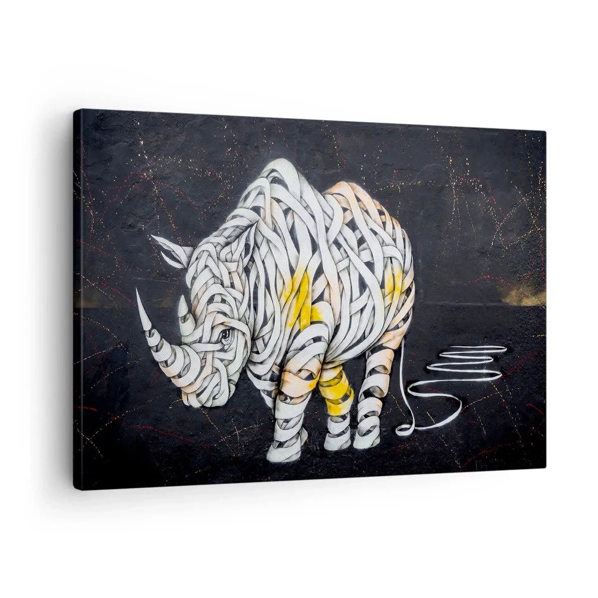 Canvas picture - A carved rhinoceros with abstract stripes on a dark background. - 70x50cm - Thick Skin Is a Myth - Modern wall decoration for the living room and bedroom ARTTOR