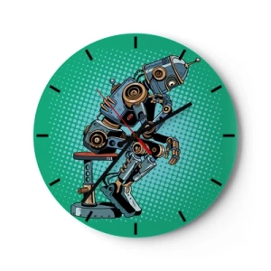 Wall clock - Clock on glass - A robot in a thinker's pose against a green background - 30x30cm - On the Essence of Being - Modern wall decoration for the living room, kitchen, and bedroom ARTTOR