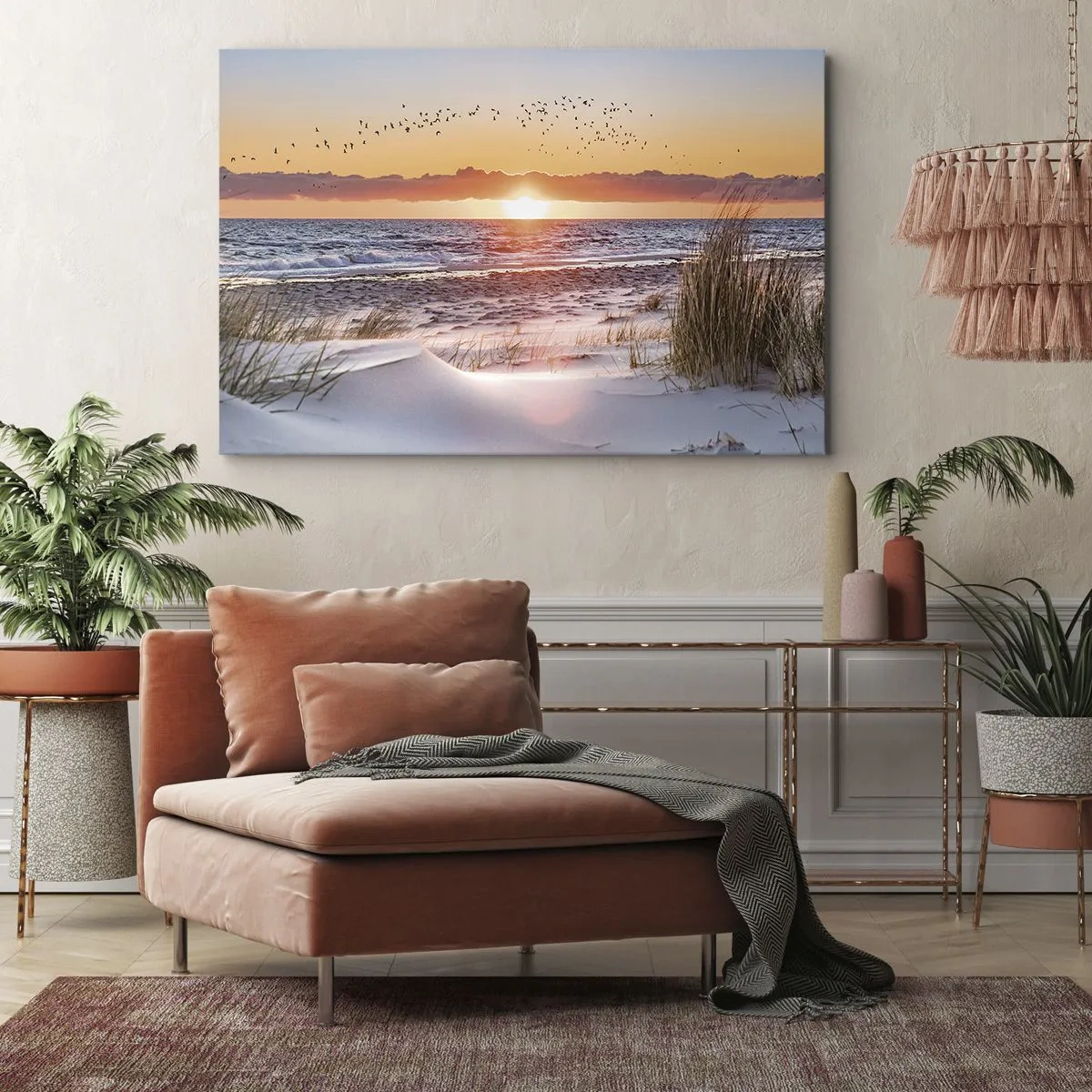 Canvas picture - Sunset over the sea with a view of the dunes - 70x50cm - Horizontal Landscape - Modern wall decoration for the living room and bedroom ARTTOR