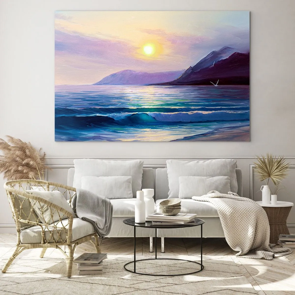 Glass picture - A picturesque sunset over the calm sea and mountains - 70x50cm - Crystal of Water and Air - Modern wall decoration for the living room and bedroom ARTTOR